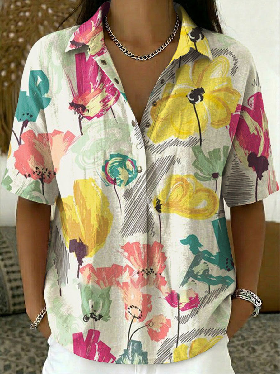 Women's Floral Print Casual Cotton-linen Shirt