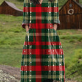 Women's Vintage Christmas Plaid Art Print Pocket V-neck Cotton Dress