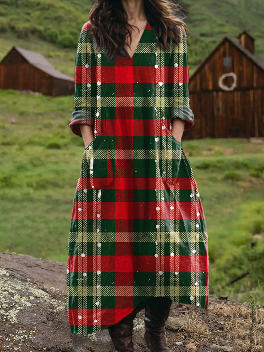 Women's Vintage Christmas Plaid Art Print Pocket V-neck Cotton Dress