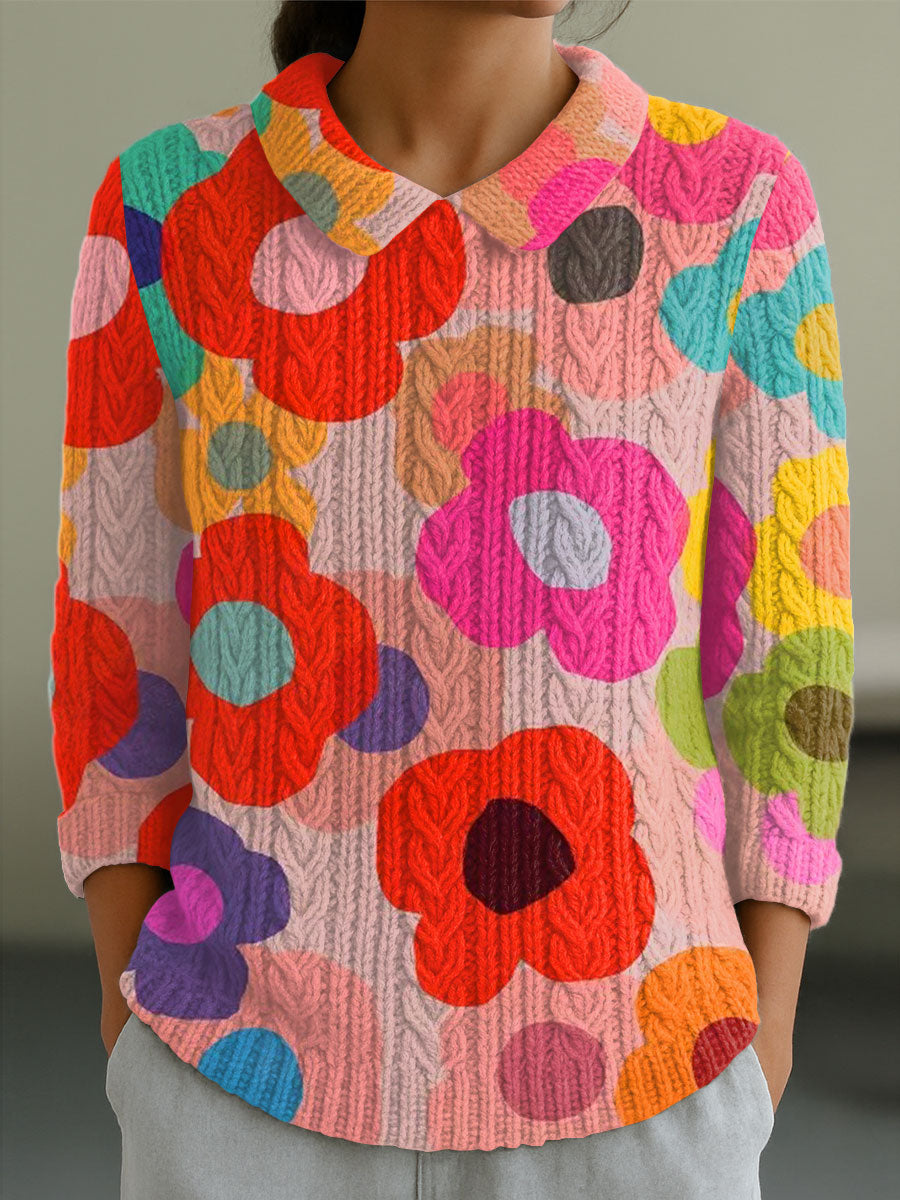 womens-vintage-flower-art-print-casual-peter-pan-collar-3-4-sleeve-sweater