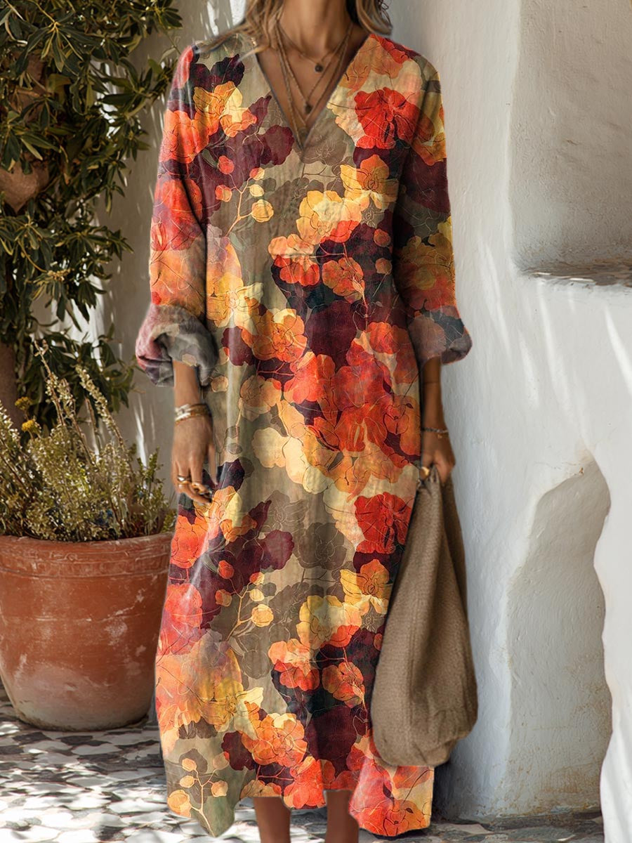Women's Vintage Leaves Art Print Cotton Dress