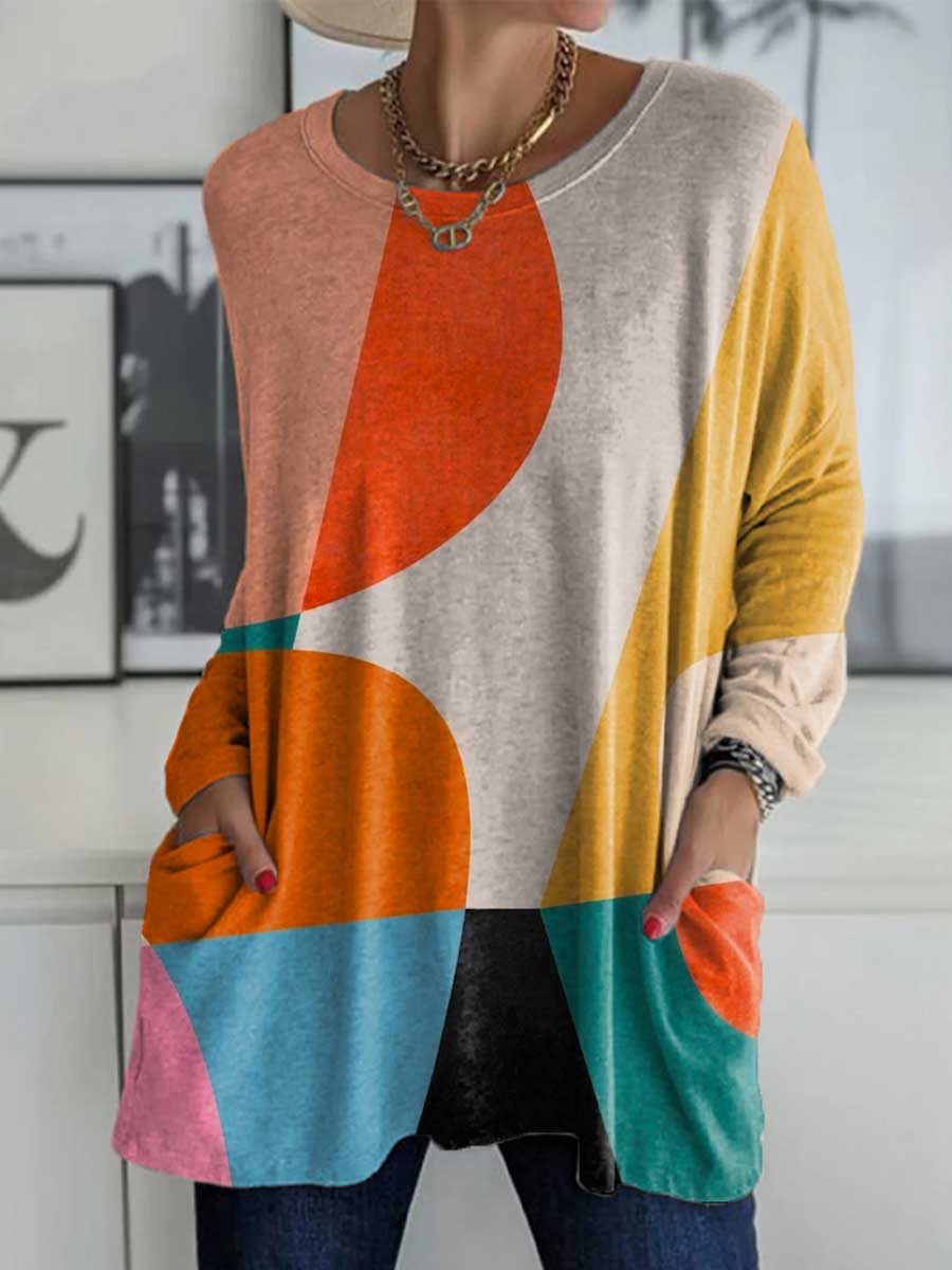 Women's Geometric Pattern Art Print Casual Long Sleeve T-shirt