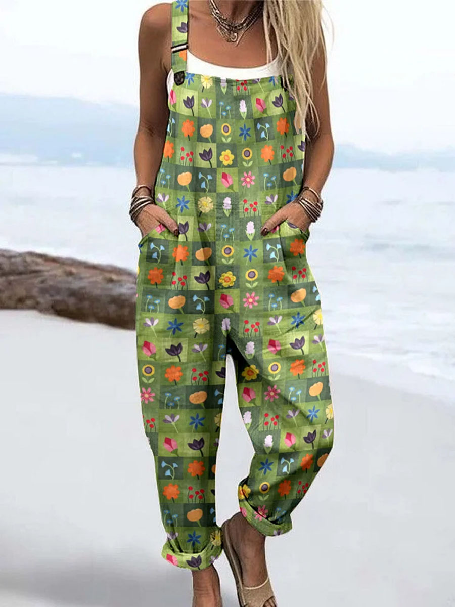 Women's Vintage Floral Art Print Casual 100% Cotton Wide Leg Jumpsuit