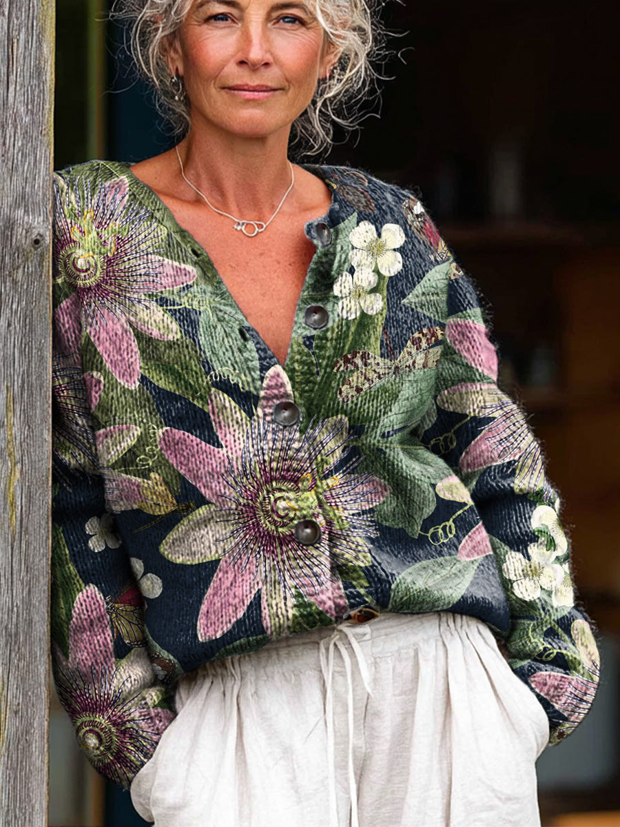 vintage-large-flower-art-print-buttoned-cardigan-sweater