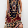 Multi Color Button Tribal Print A Line Sleeveless Dress