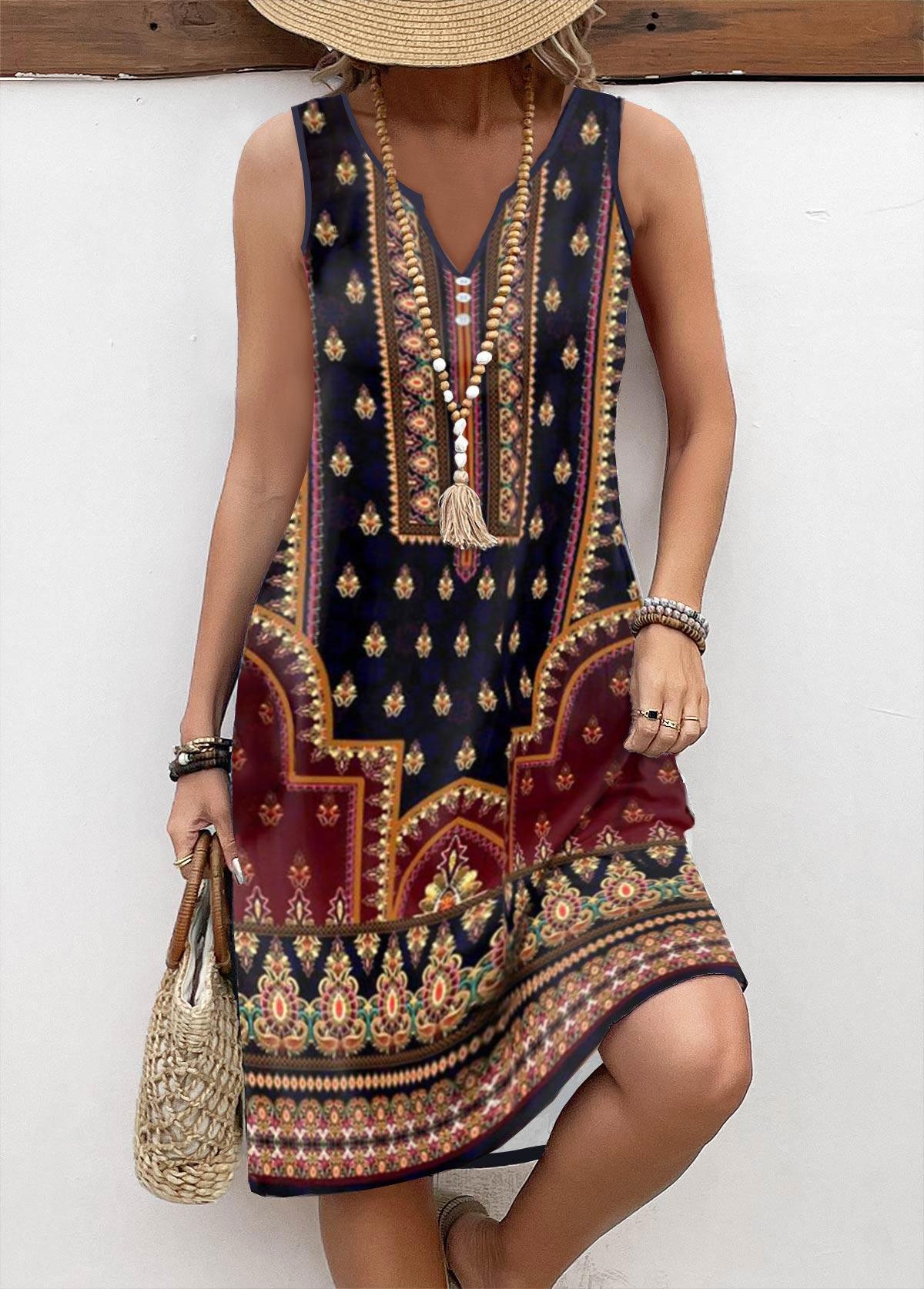 Multi Color Button Tribal Print A Line Sleeveless Dress