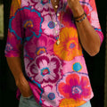 Women's Floral Pattern Art Print Casual Classic Henley Collar 100% Cotton T-shirt