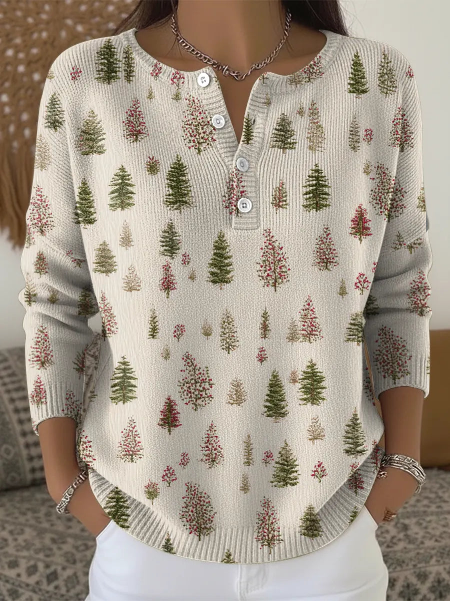 Christmas Tree Print Buttoned Cardigan Sweater