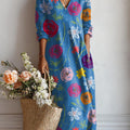 Women's Vintage Floral Art Print Casual Cotton Linen Pocket Dress