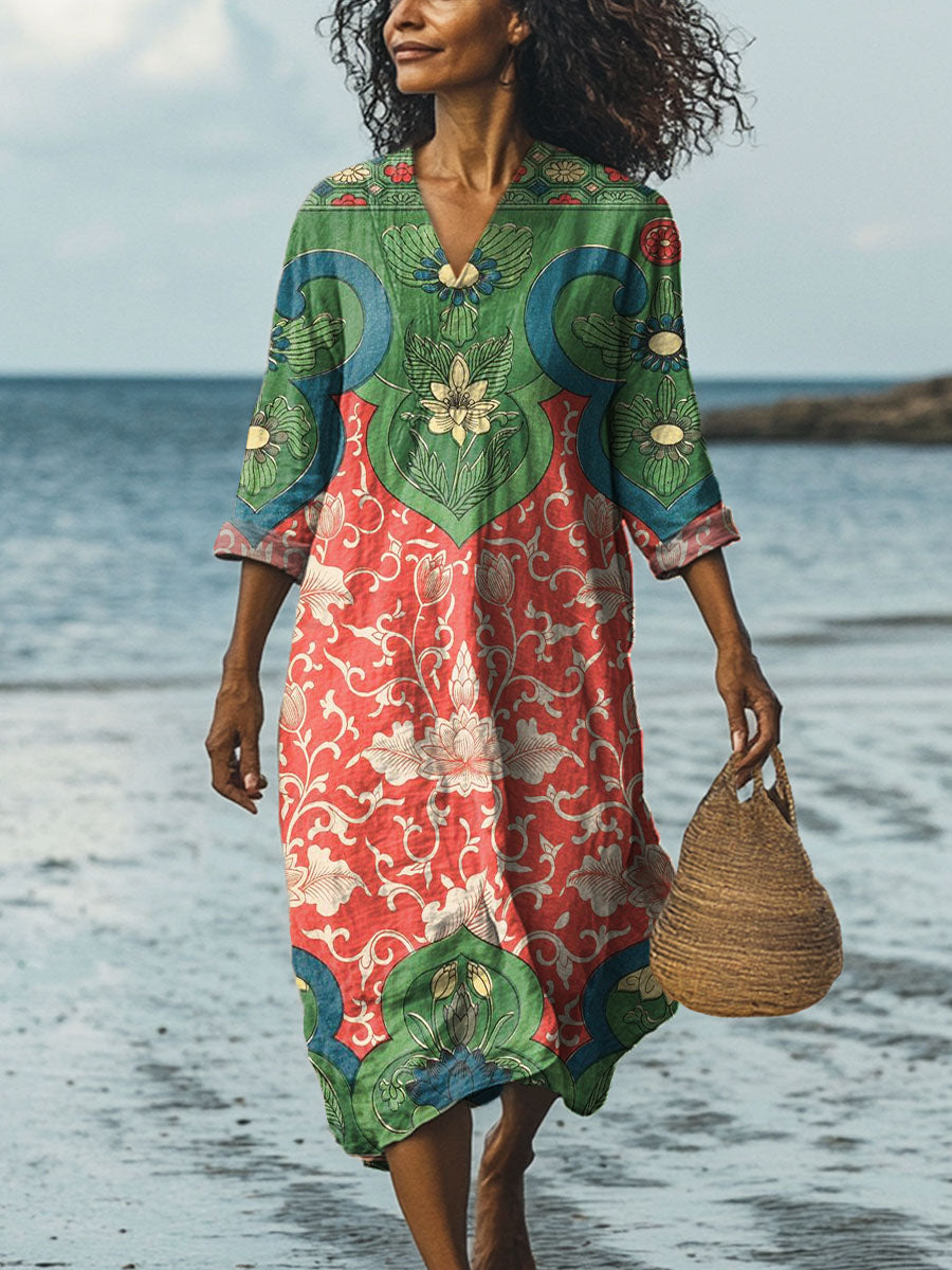 Women's Vintage Lovely Floral Art Print Cotton Dress