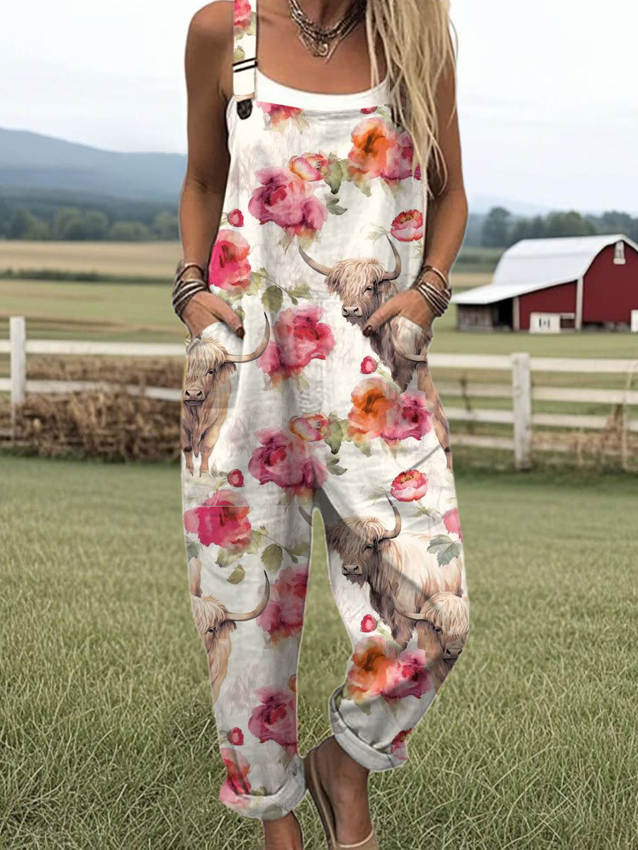 Women's Farm Highland Cattle Art Print Casual 100% Cotton Wide Leg Jumpsuit