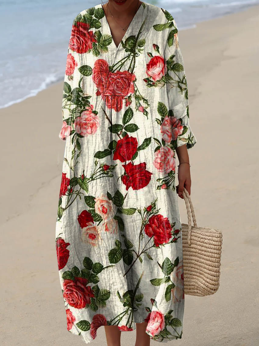 Women's Vintage Lovely Floral Art Print Cotton Dress