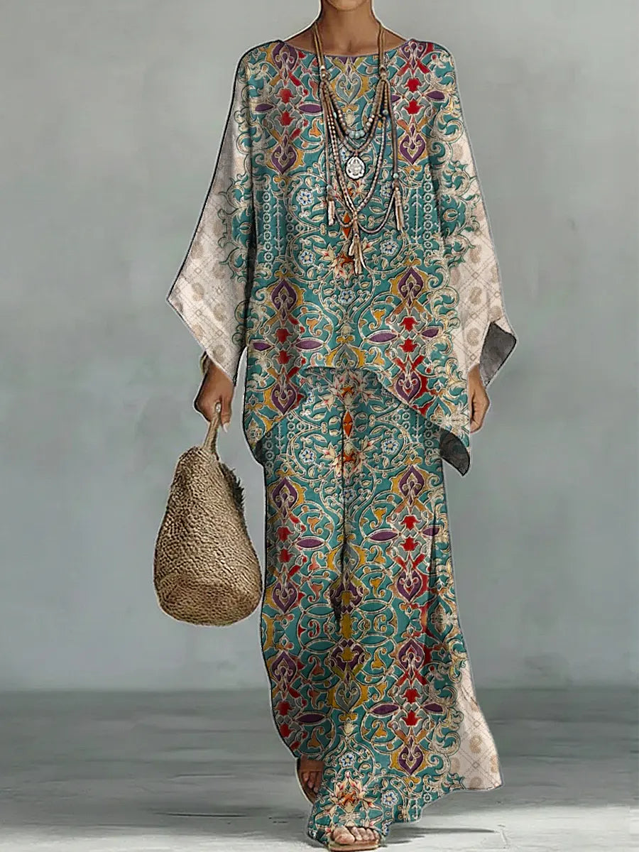 Women's Vintage Ethnic Floral Art Comfortable Loose Cotton Linen Wide-leg Pants Two-piece Set