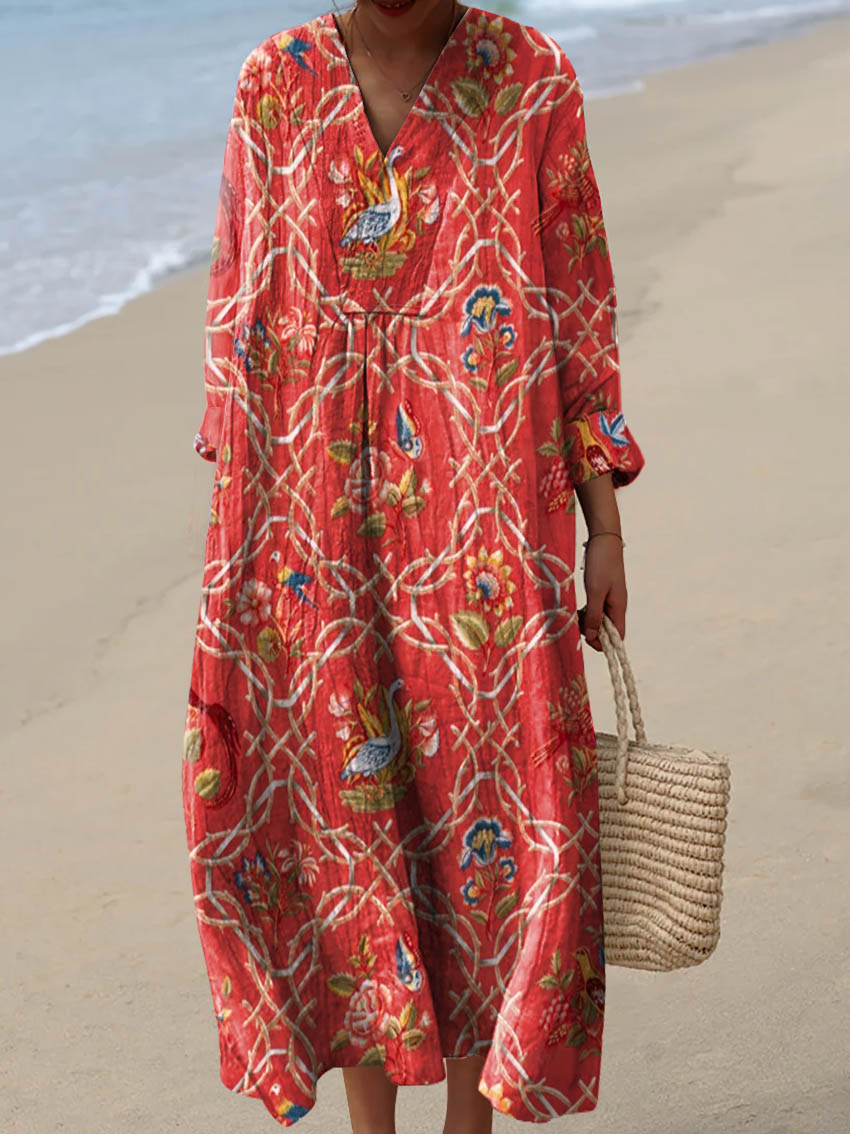 Women's Vintage Lovely Floral Art Print Cotton Dress