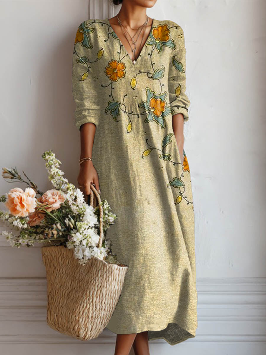Women's Vintage Floral Art Print Casual Cotton Linen Pocket Dress