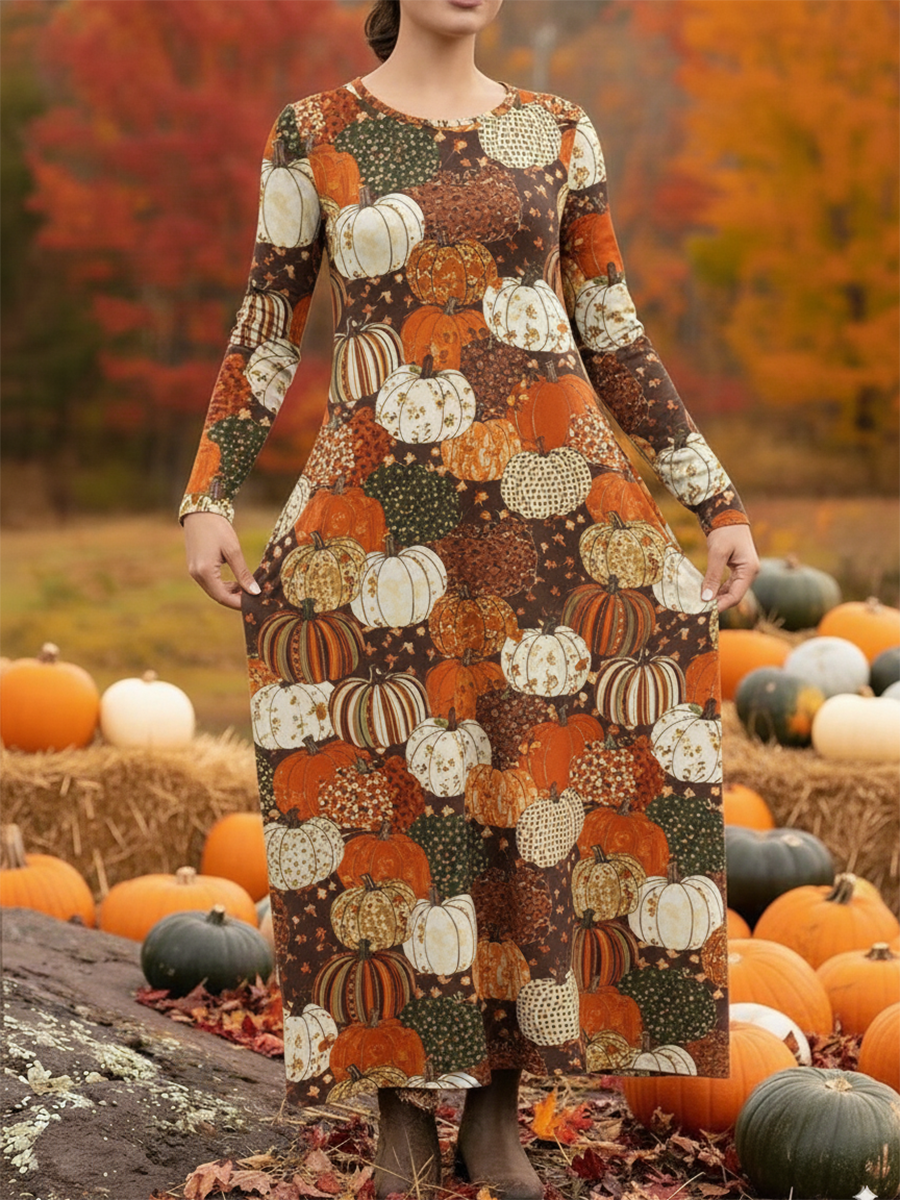 Women's Cute Pumpkin Patchwork Print Stretch Dress