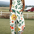 Damen-Jumpsuit mit Vintage-Blumenmuster, lässig, aus 100 % Baumwolle, weites Bein 