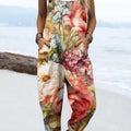 Women's Vintage Floral Art Print Casual 100% Cotton Wide Leg Jumpsuit