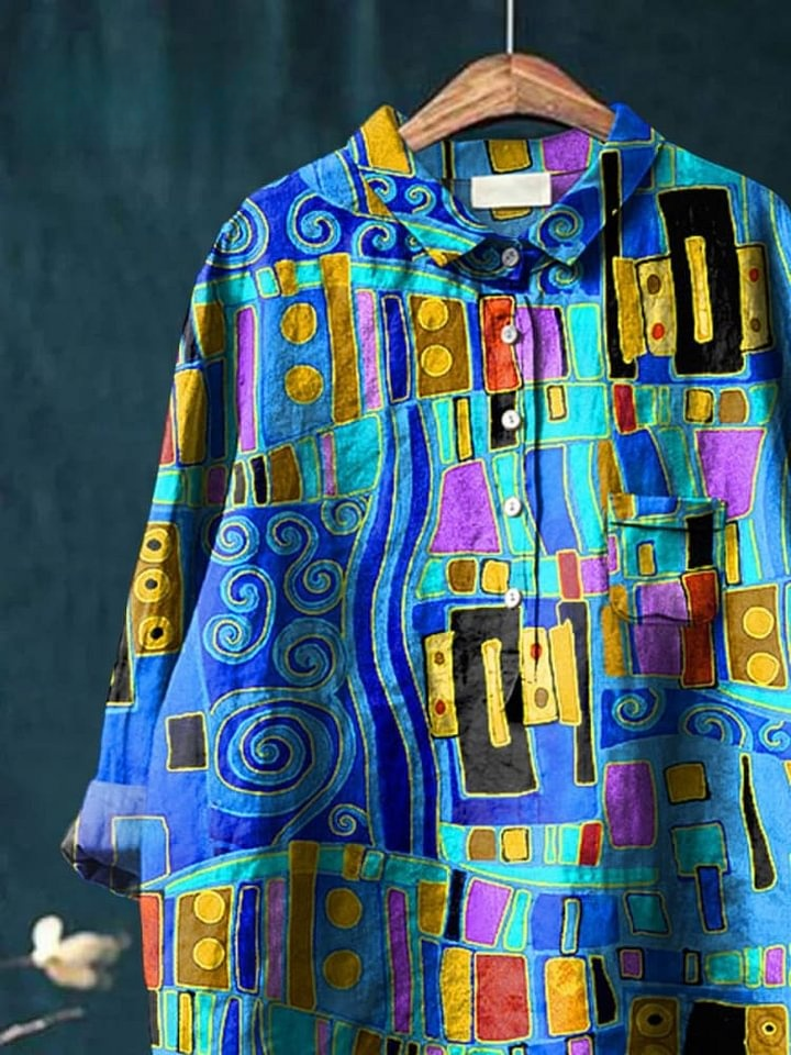 Abstrct Art Printed Women's Casual Cotton And Linen Shirt