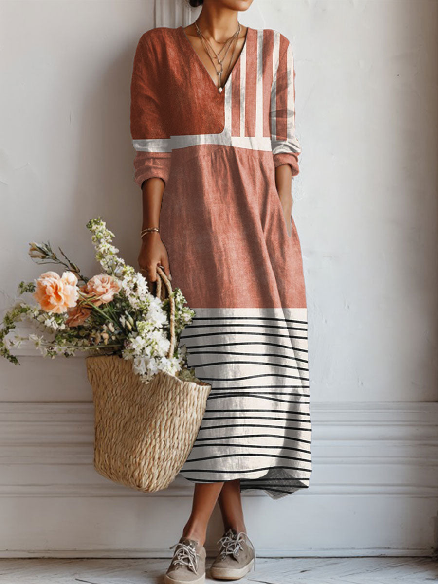 Women's Vintage Abstract Geometry  Art Print Linen Pocket Tunic Dress