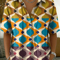 Women's Retro Color-block Geometric Art Print Cotton-linen Short-sleeve Shirt