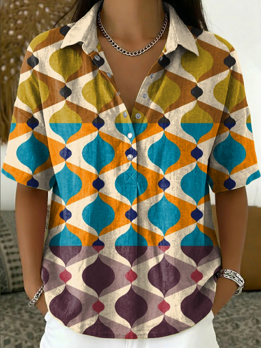Women's Retro Color-block Geometric Art Print Cotton-linen Short-sleeve Shirt