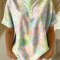 Retro Color-block Patchwork Print Loose-fit Cotton-linen Short-sleeve Shirt