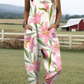 Women's Vintage Floral Art Print Casual 100% Cotton Wide Leg Jumpsuit