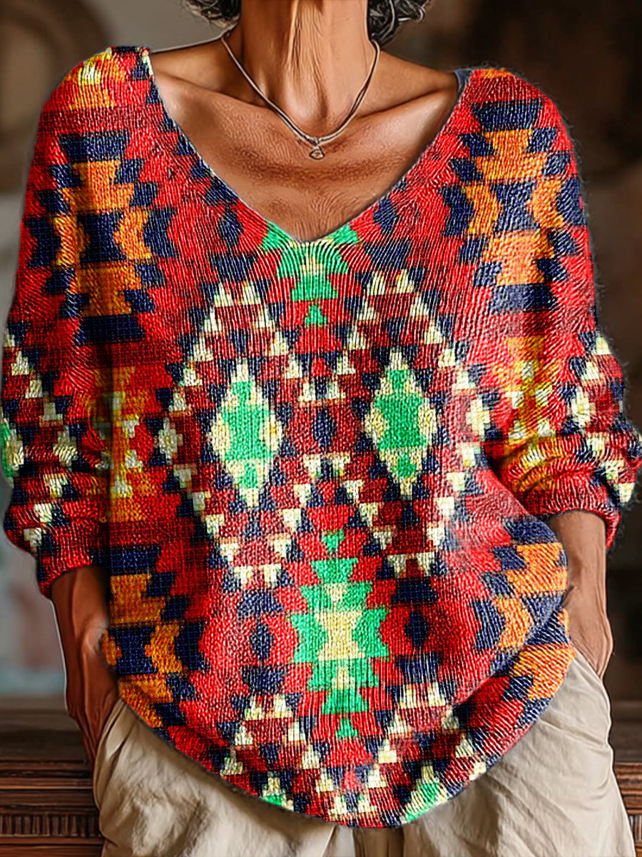 womens-vintage-ethnic-rhombus-geometric-painting-art-print-casual-pullover-sweater