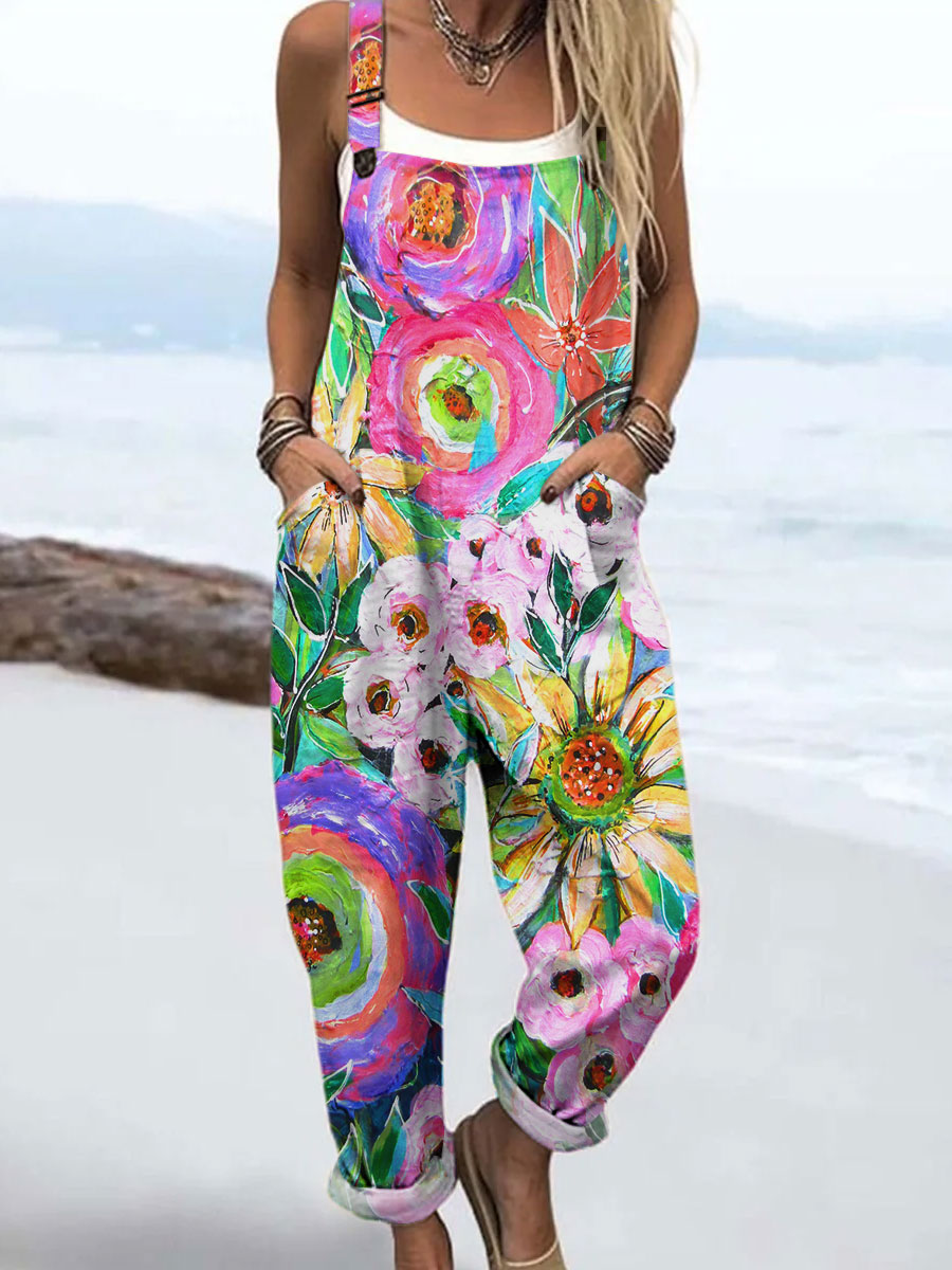 Women's Vintage Flower Art Print Casual 100% Cotton Wide Leg Jumpsuit