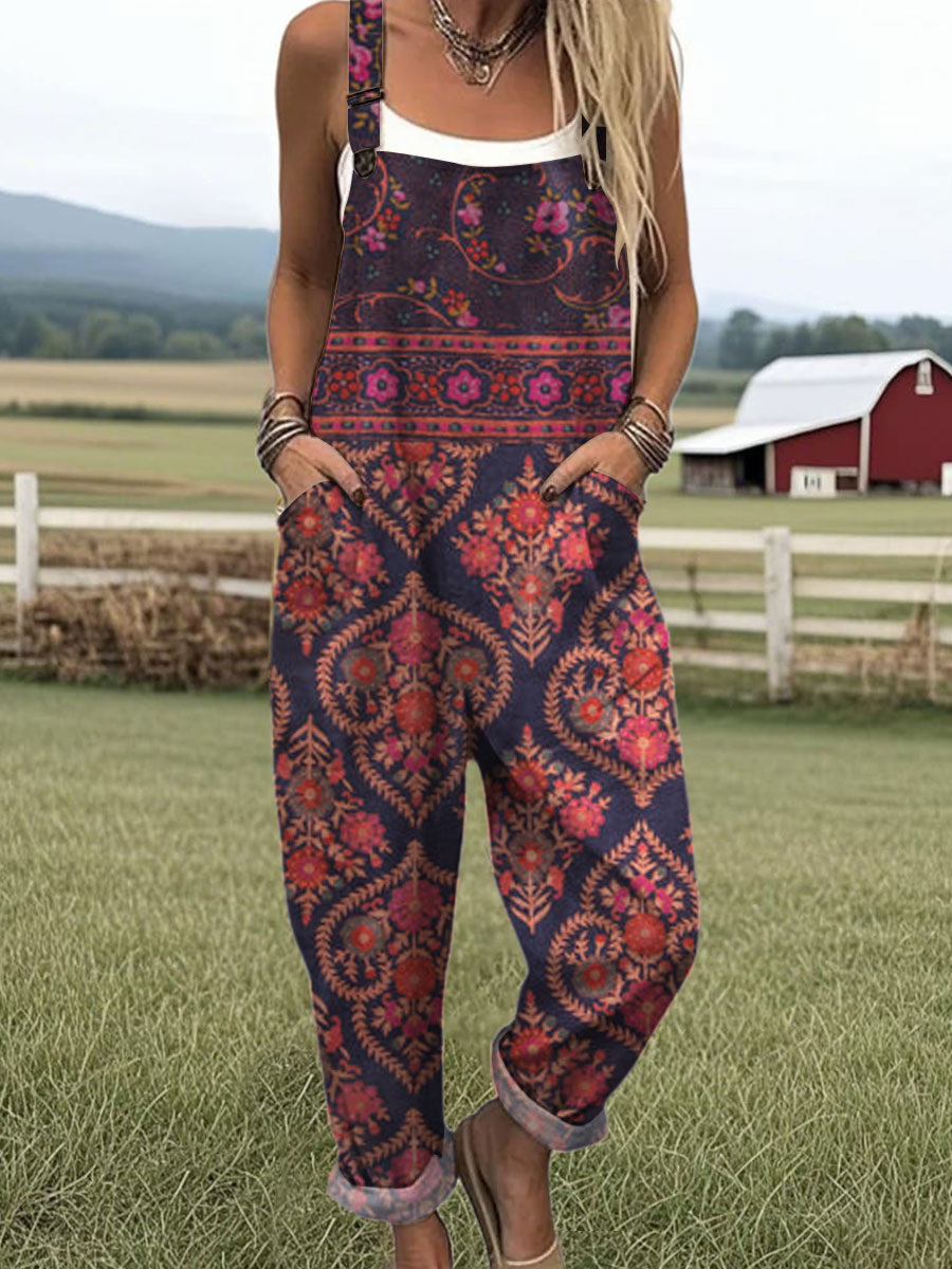Women's  Vintage Floral Art Print Casual 100% Cotton Wide Leg Jumpsuit