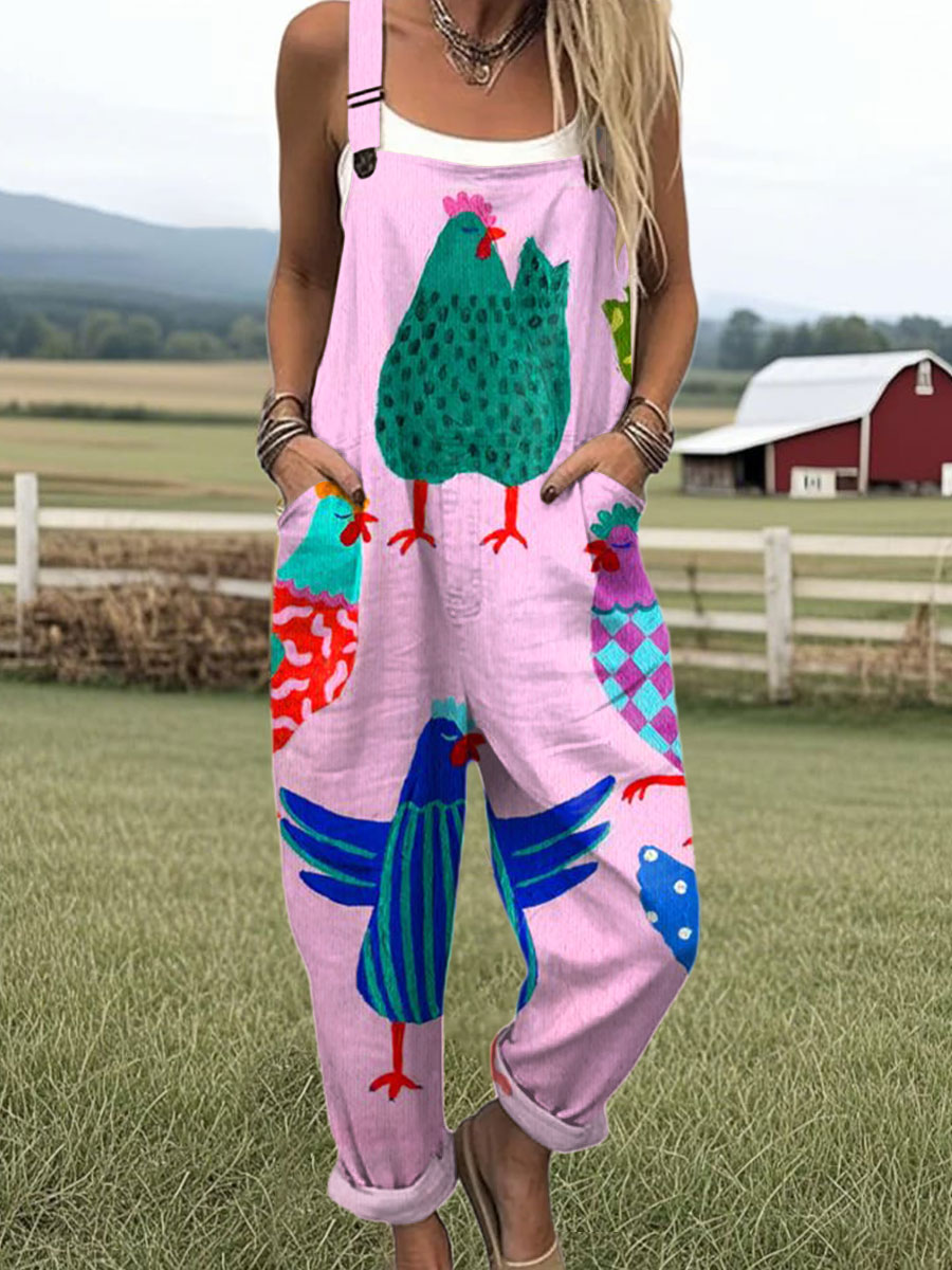 Women's  Funny Chick Art Print Casual 100% Cotton Wide Leg Jumpsuit