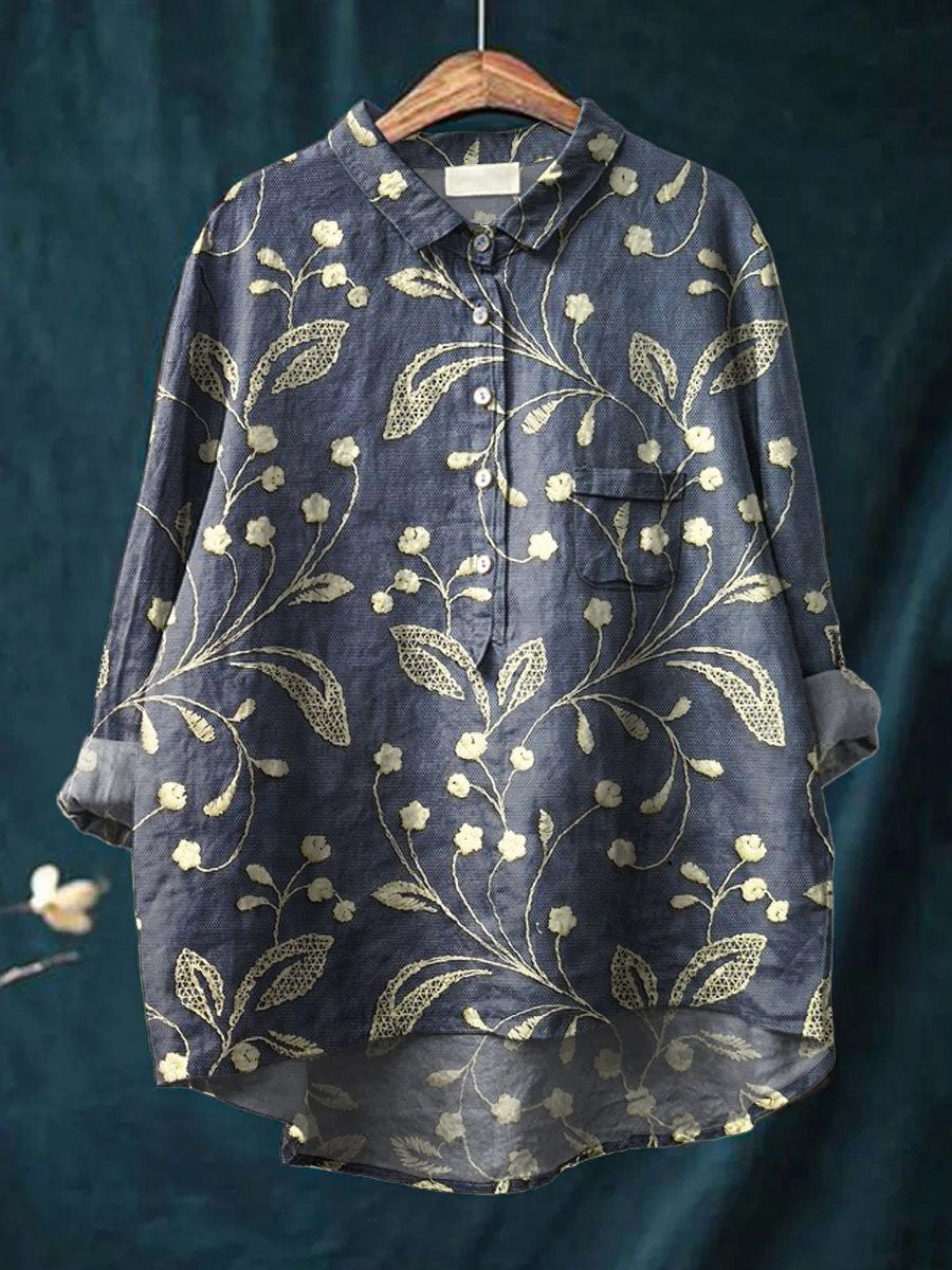 Women's Vintage Floral Art Print Casual Cotton And Linen Shirt