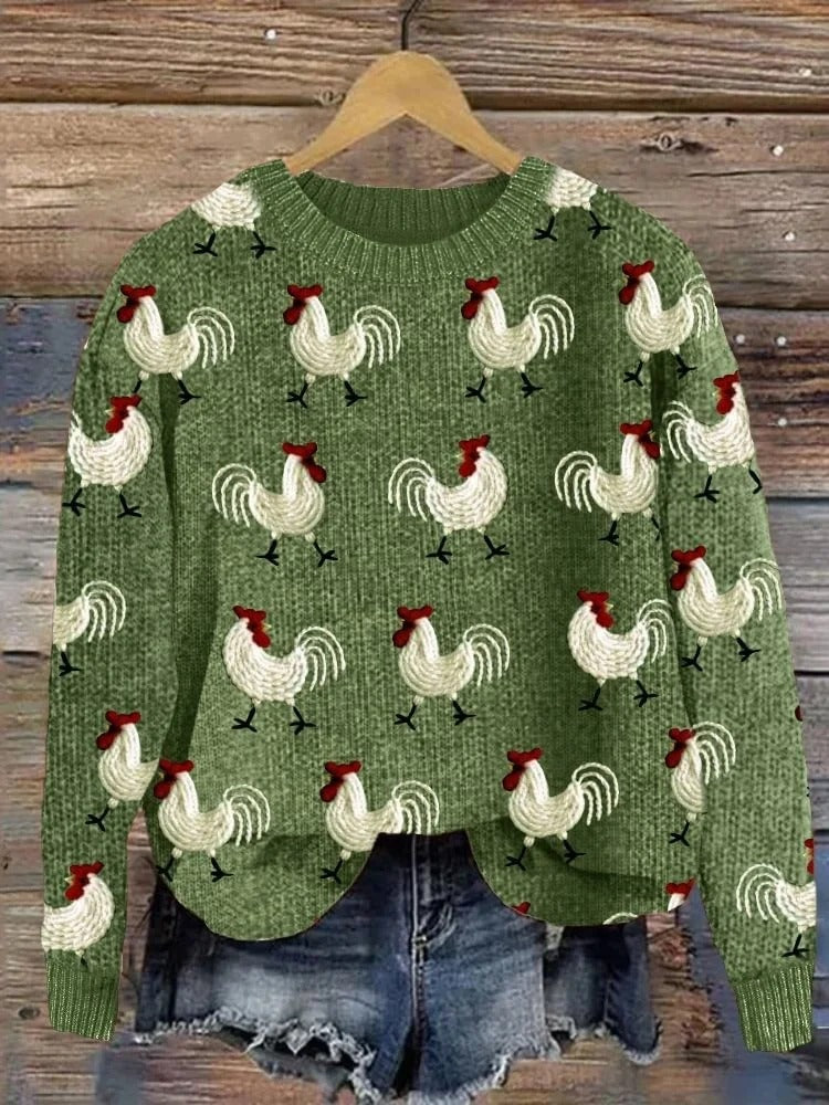 vintage-funny-chicken-art-print-knit-pullover-sweater