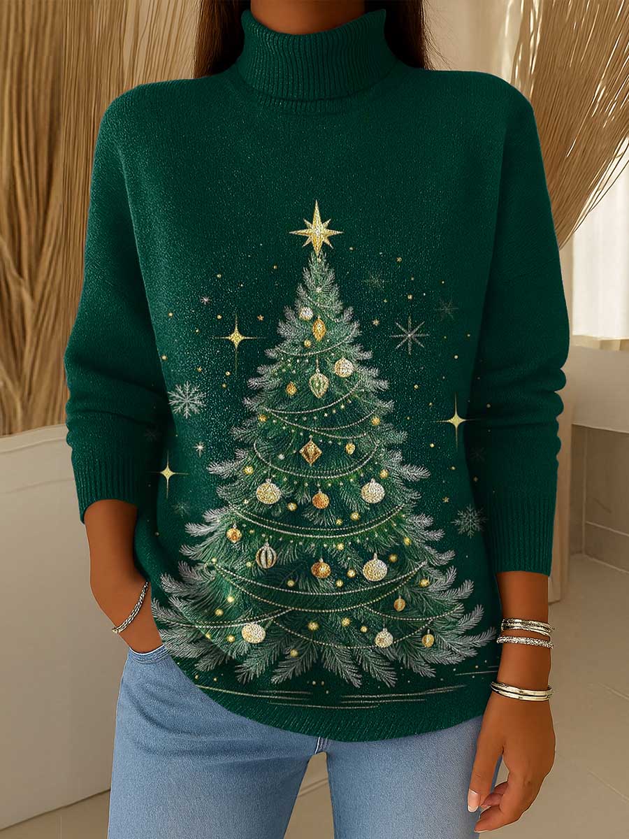 Women's Christmas Print Turtleneck Long Sleeve Casual Loose Pullover Sweater