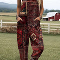 Women's  Vintage  Splicing Flower Art Print Casual 100% Cotton Wide Leg Jumpsuit