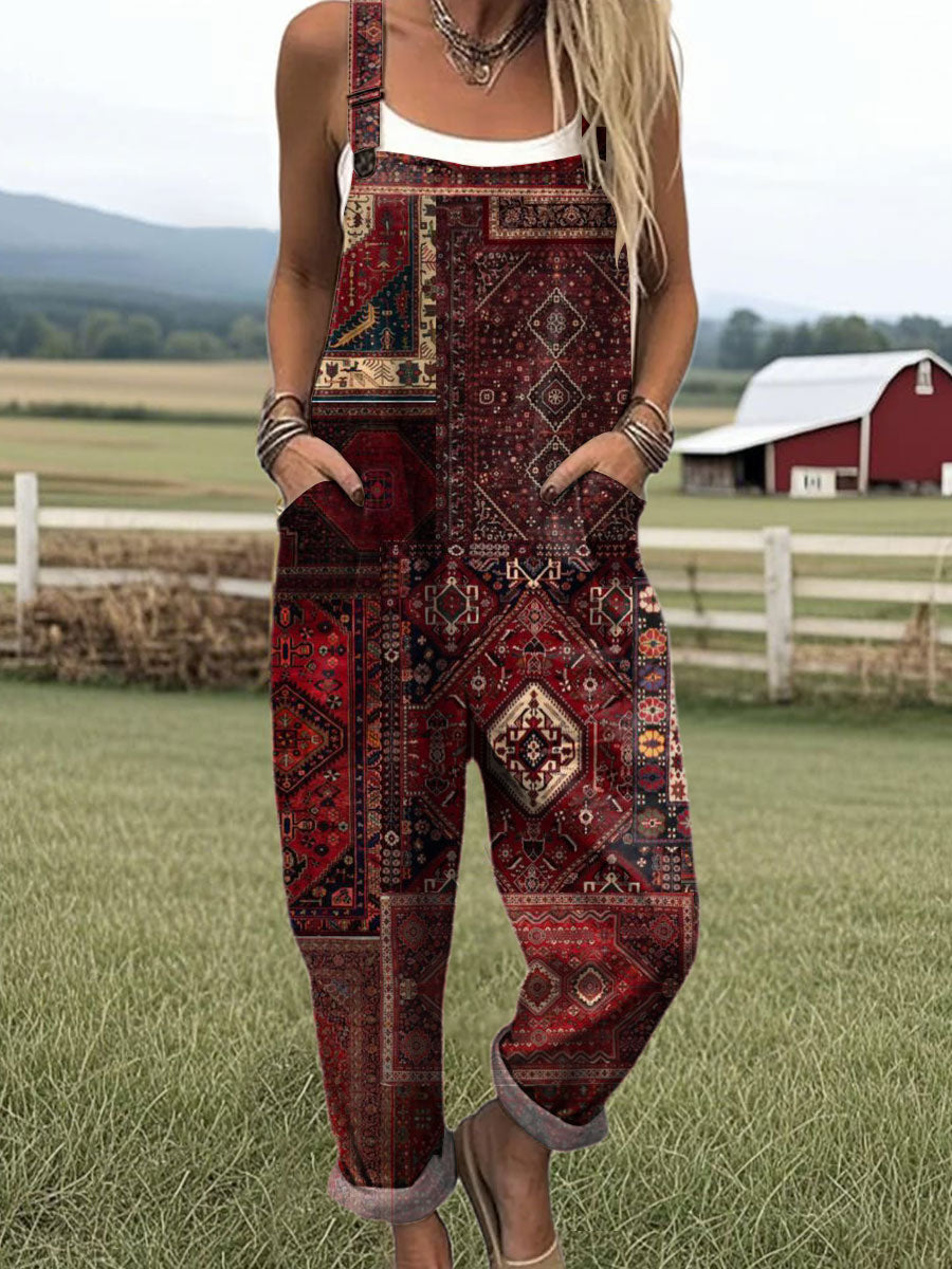 Women's  Vintage  Splicing Flower Art Print Casual 100% Cotton Wide Leg Jumpsuit