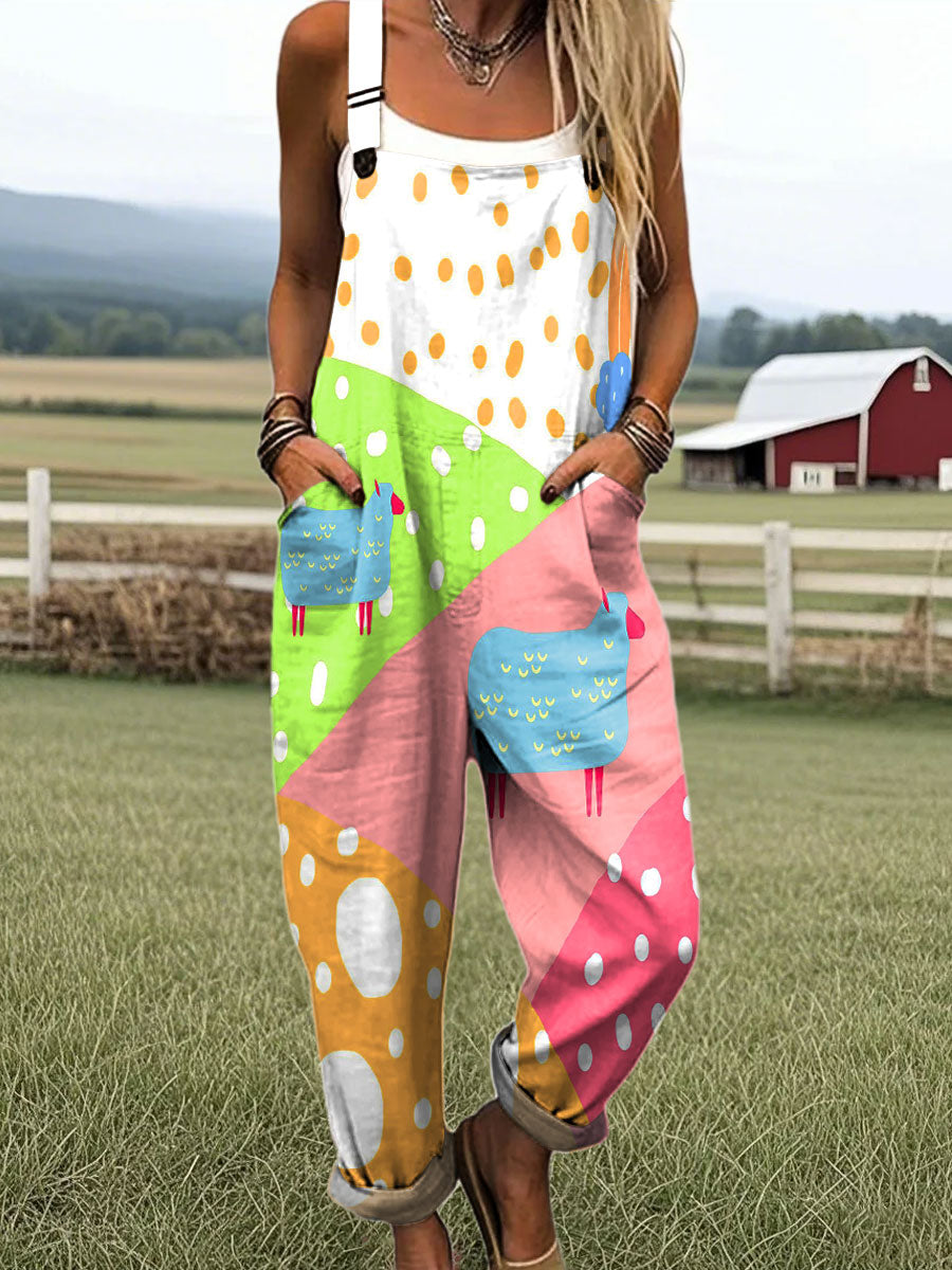Women's Colorful Abstract Dots Lamb Art Print Casual Cotton Pocket Jumpsuit