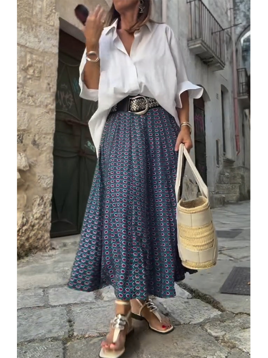 Women's Solid Color Cotton and Linen Long-sleeved Shirt and Gorgeous Retro Printed Skirt Two-piece Set