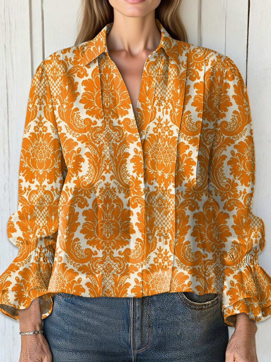 Women's  Vintage Flower Art Print Casual  Cotton And Linen Shirt