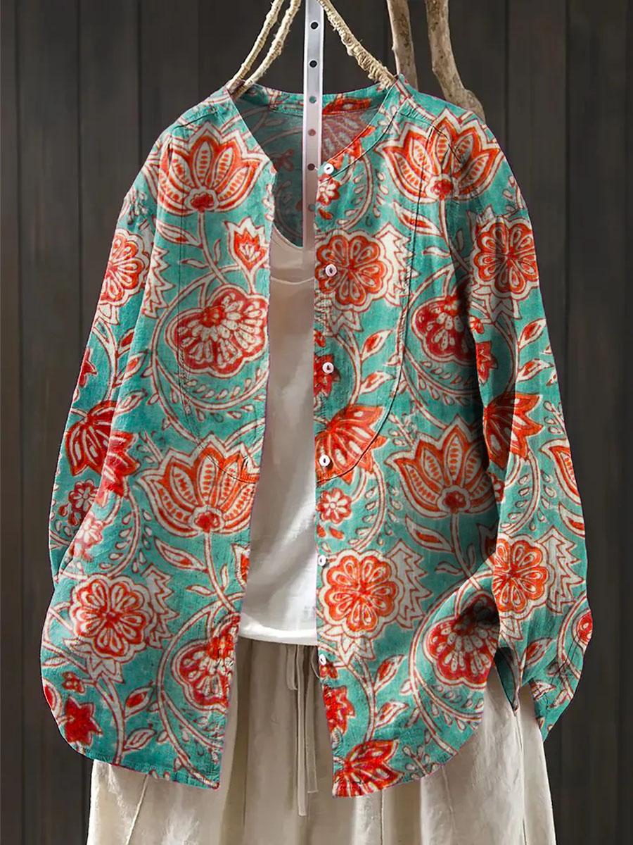 Women's Vintage Floral Art Print Casual Cotton And Linen Shirt