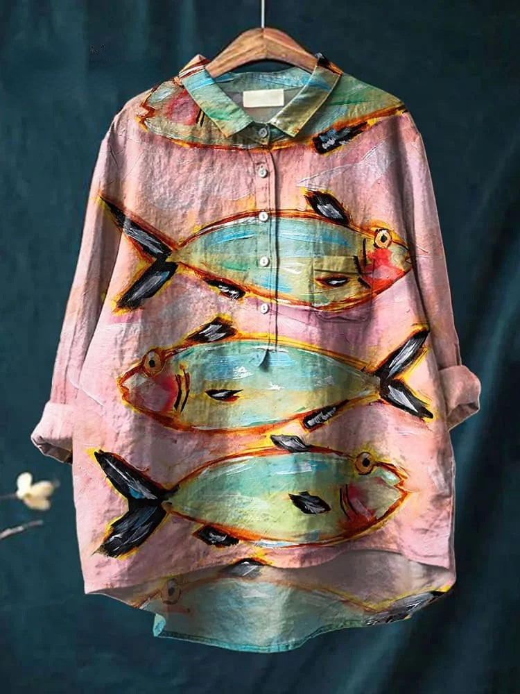 Women's Vintage Fish Art Print Casual Cotton And Linen Shirt