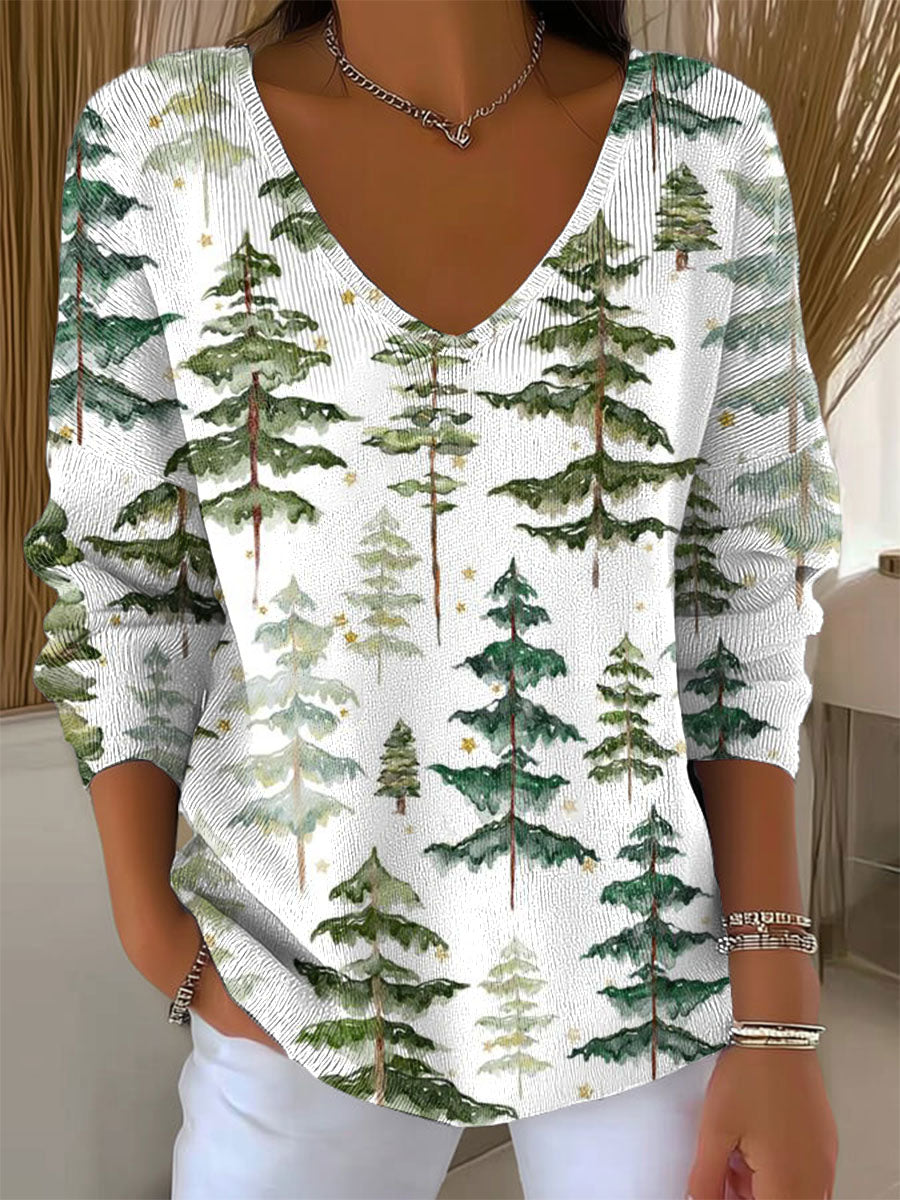 Women's Vintage Christmas Tree Art Print Casual Pullover Sweater