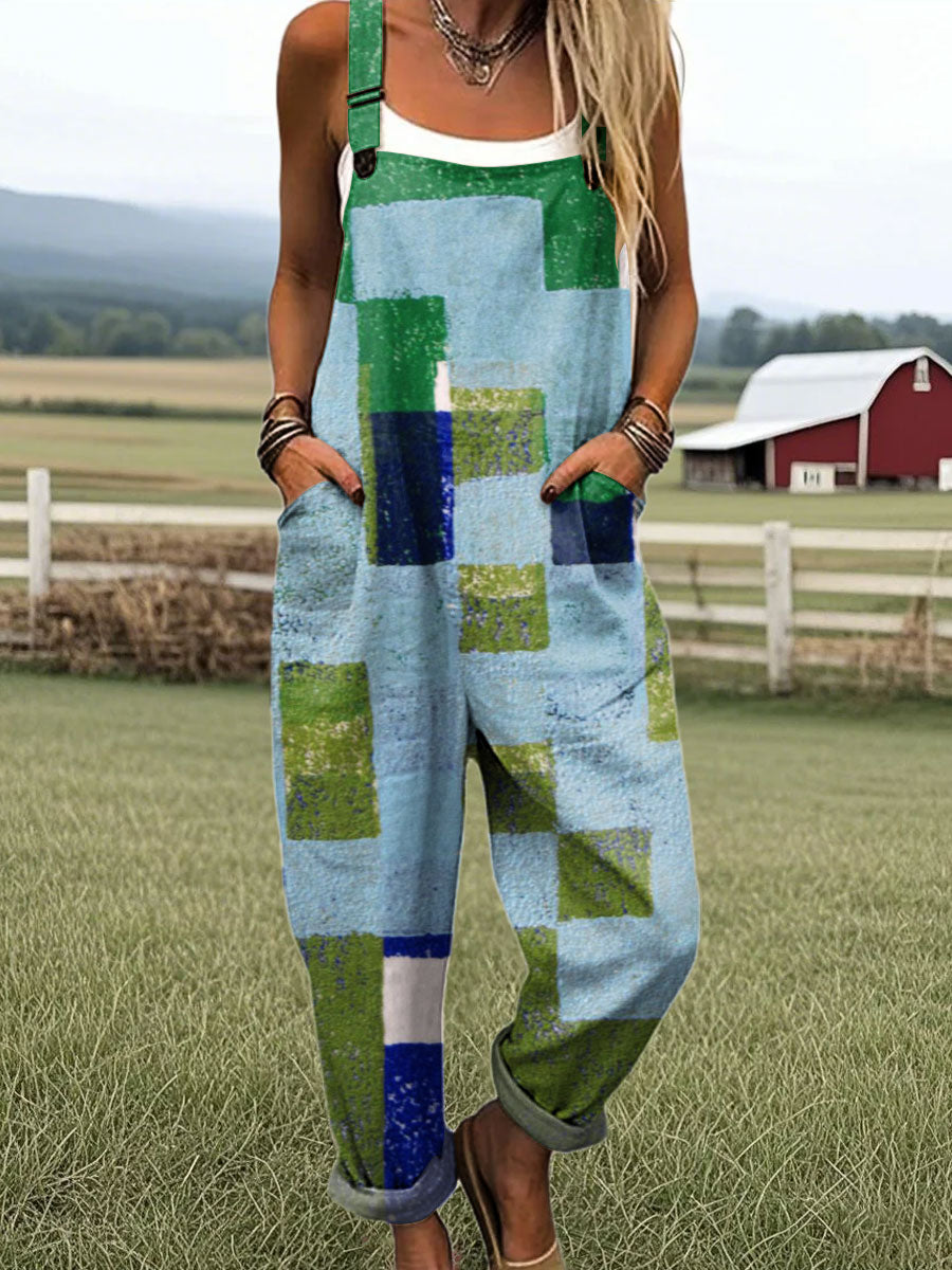 Women's Fashion Color Block Art Print Casual 100% Cotton Wide Leg Jumpsuit