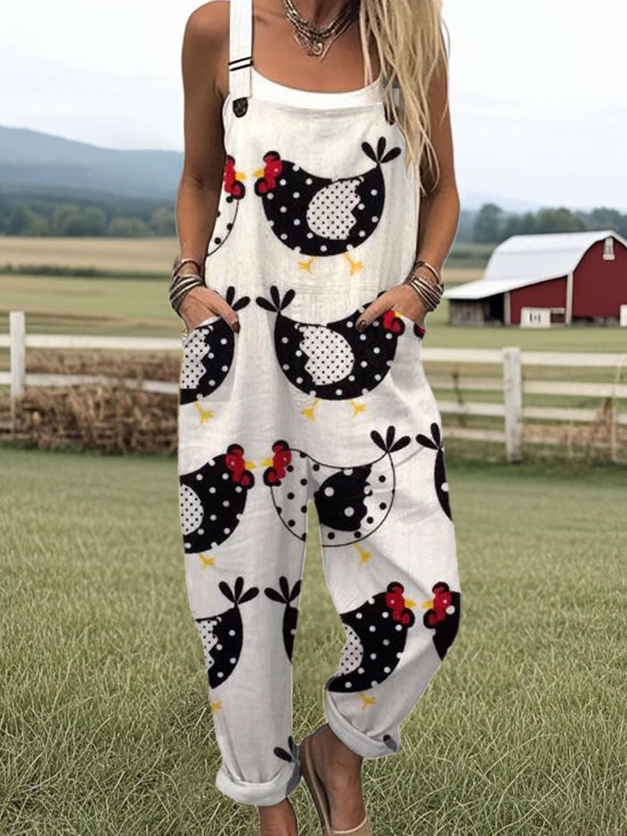 Women's  Funny Chicken Art Print Casual 100% Cotton Wide Leg Jumpsuit