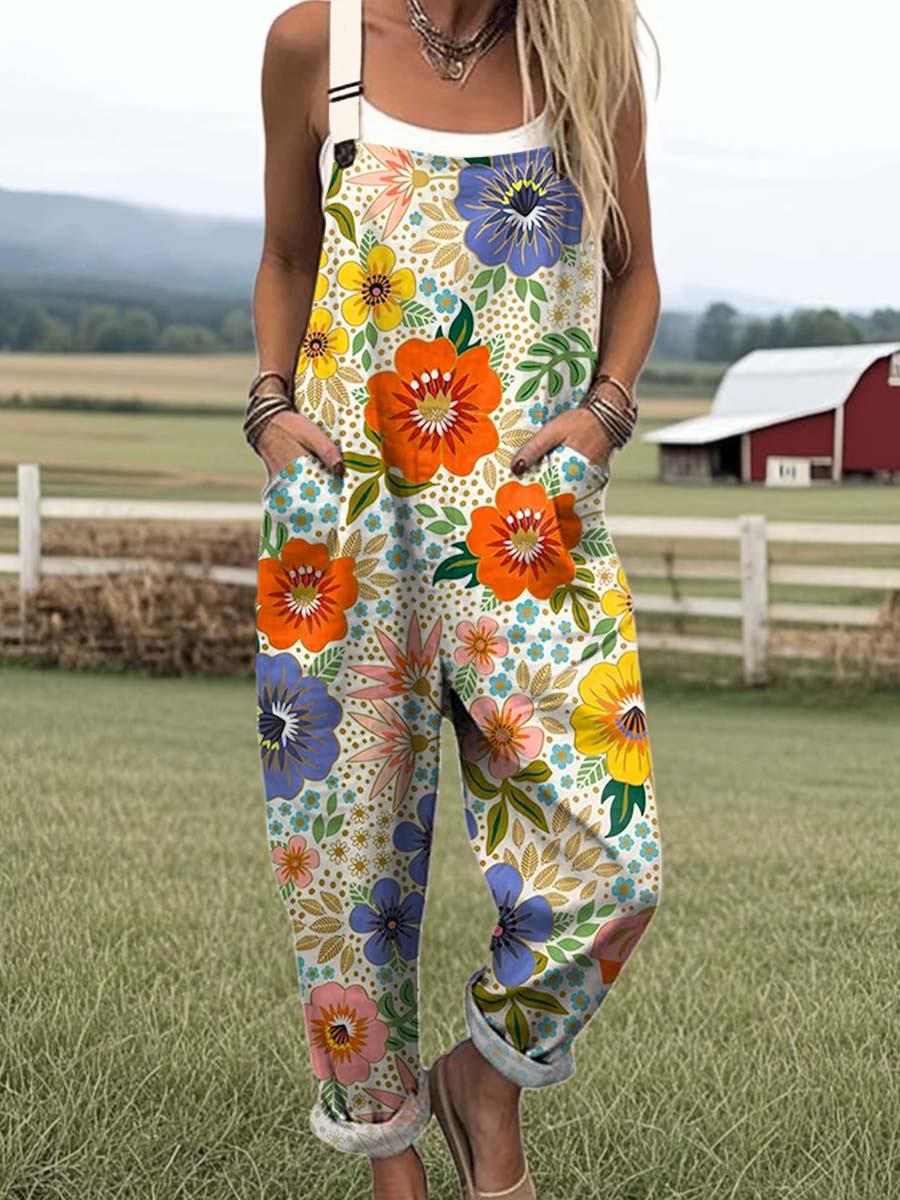 Women's Lovely Floral Pattern Art Print Casual 100% Cotton Wide Leg Jumpsuit