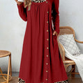 Wine Red Button Leopard A Line Dress