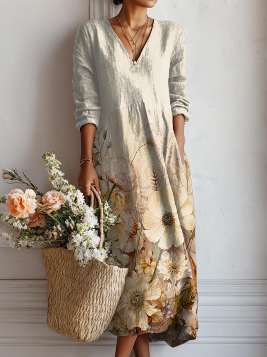 Women's Vintage Floral Art Print Casual Cotton Linen Pocket Dress