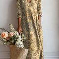 Women's Vintage Flower Art Print Linen Pocket Dress