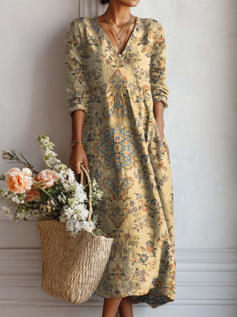 Women's Vintage Flower Art Print Linen Pocket Dress